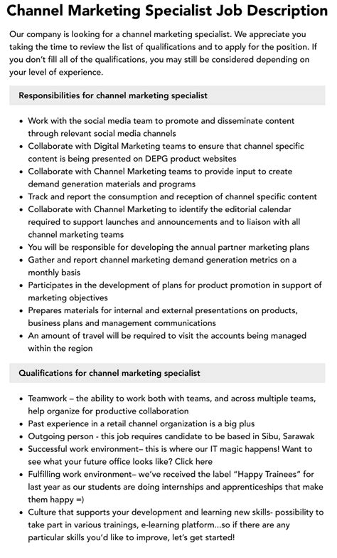 Channel Marketing Specialist Overview  .